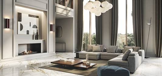 Уютная квартира в современном стиле с мрамором Calacatta Gold