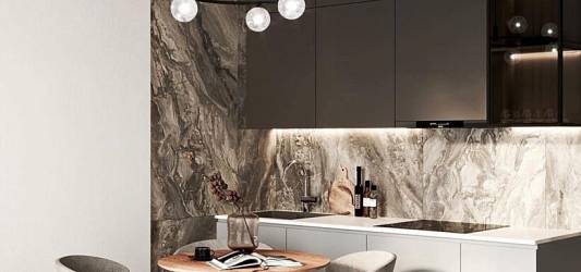 Идеальное сочетание для кухни - фартук под мрамор и пол под дерево